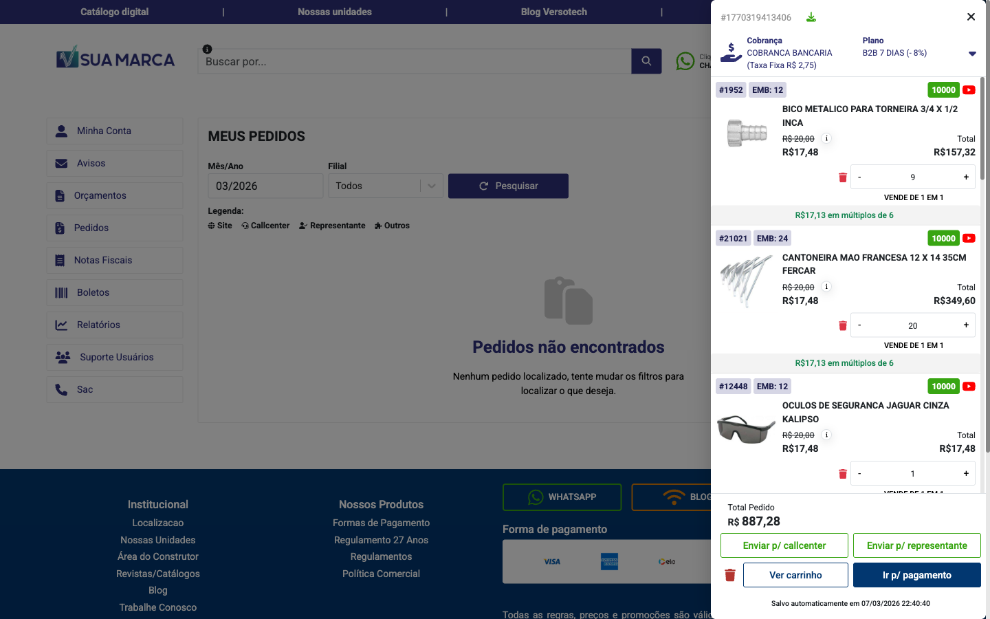 Screenshot VersoCommerce - Carrinho e Checkout