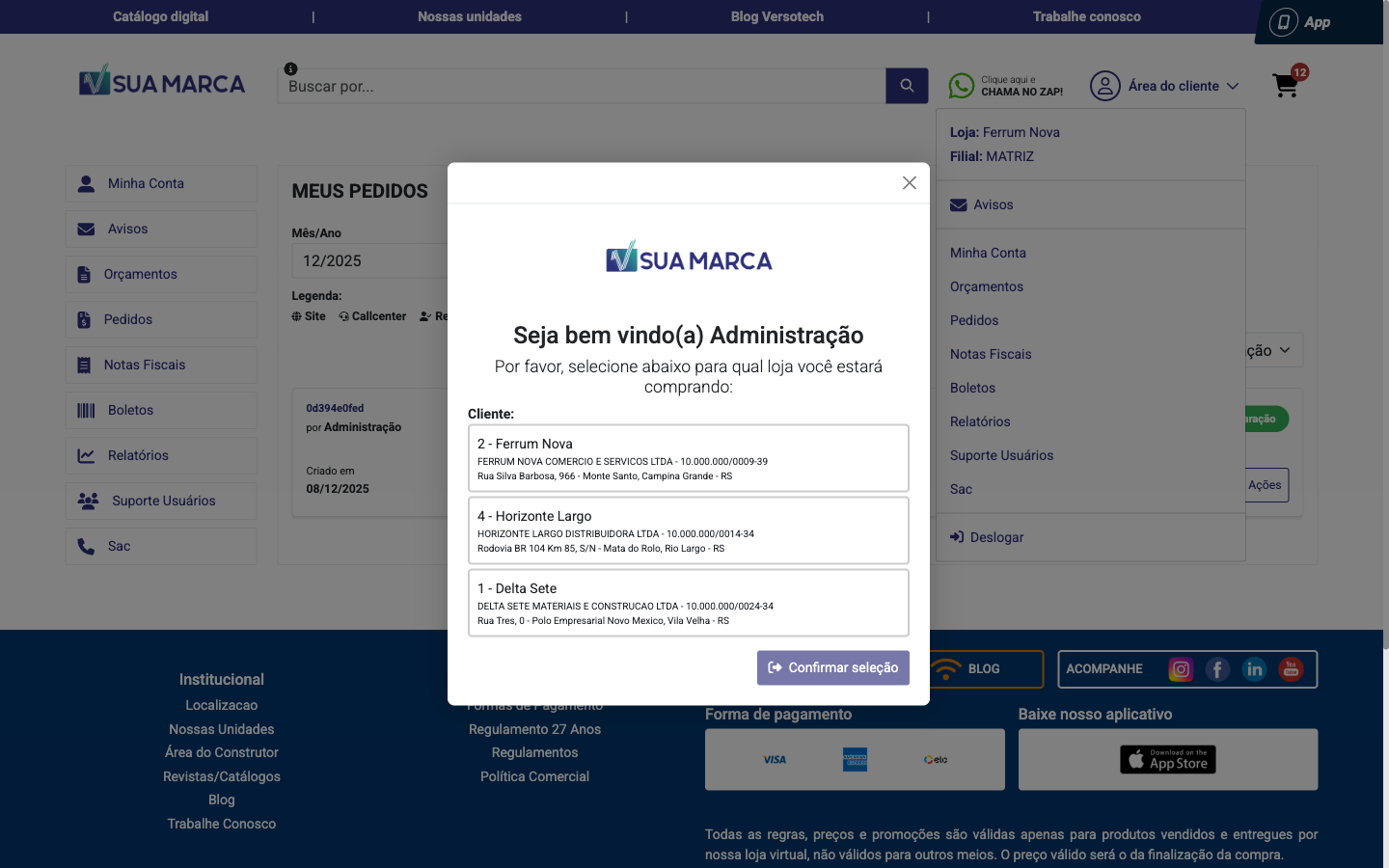 Screenshot VersoCommerce - Seleção de Cliente/Empresa